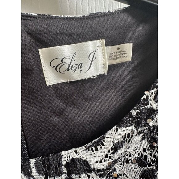 Eliza J Lace Appliqué Dress Sequin Accent Sheath Black White‎ Sz 16 NEW Cocktail - Picture 2 of 11